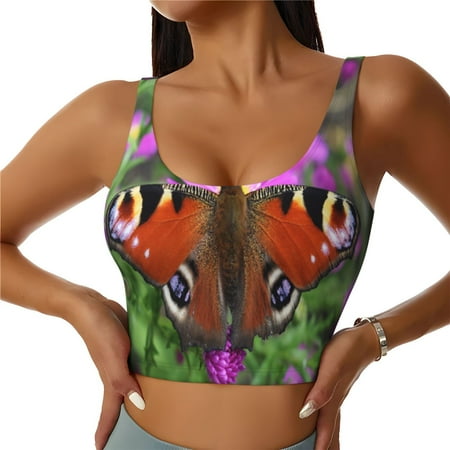 Goofa Peacock butterfly Printed Sports Bras for Women  High Impact Running Bra Workout Crop Tank Tops Longline Sports Bra Push up-Medium