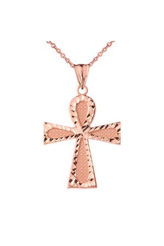 SPARKLE CUT ANKH CROSS PENDANT NECKLACE IN ROSE GOLD : 14K Pendant with 18" chain