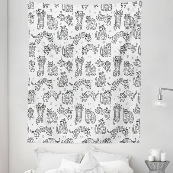 Cats Tapestry, Ornamental Kittens with Floral Pattern Animal Love Sketch Art, Fabric Wall Hanging Decor for Bedroom Living Room Dorm, 5 Sizes, Black White, by Ambesonne