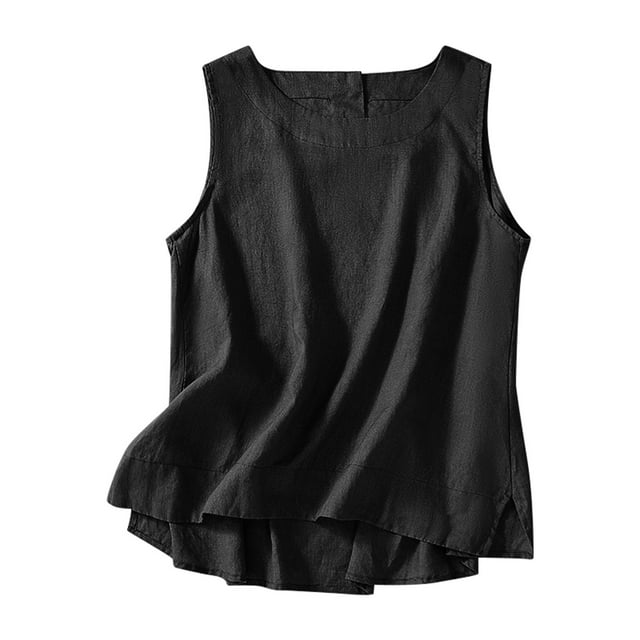 Meichang Débardeurs en Lin pour Femmes 2025 Été Sans Manches Courts Hauts Décontractés Col Rond Coupe Ample Débardeurs Chemises Basiques Unies Ourlet Fendu sur le Côté Hauts de Type Veste