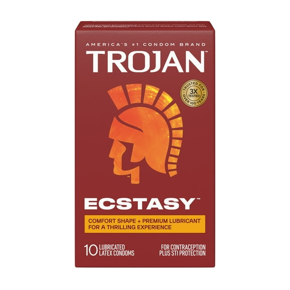 Trojan Ecstasy Ribbed Bulbous Shape Latex Premium Lubricated Condoms, 10 Count