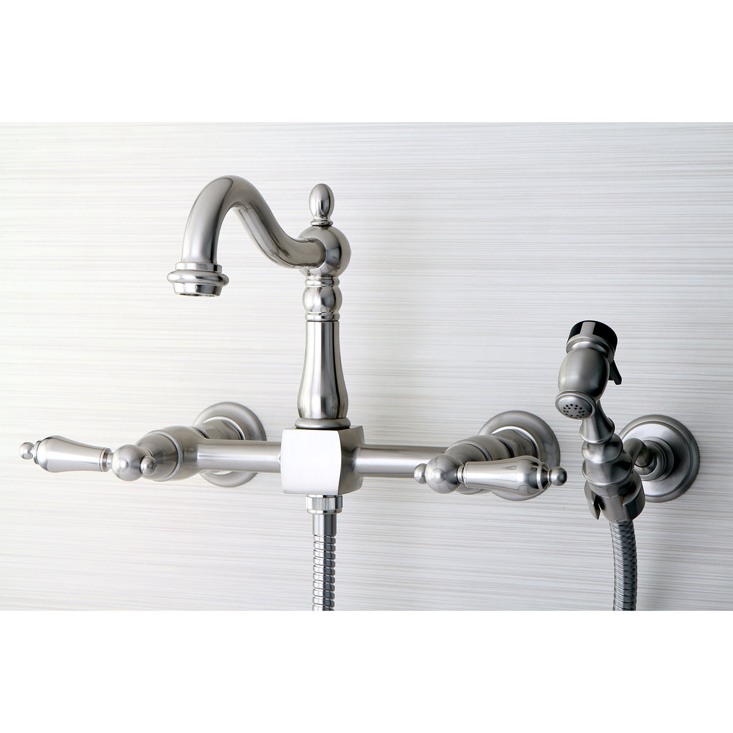 Kingston Brass KS1268ALBS Heritage Wall Mount Bridge Kitchen Faucet with Brass Sprayer, Brushed Nickel