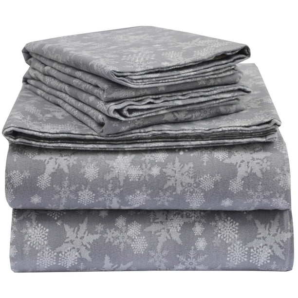EnvioHome 160 GSM Cotton Flannel Sheet Set – Full, Snowflakes Grey