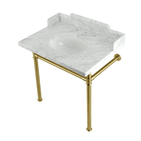 Kingston Brass LMS30M87ST Dreyden 30" Carrara Marble Console Sink with Stainless Steel Legs (8-Inch, 3-Hole), Carrara Marble White/Brushed Brass