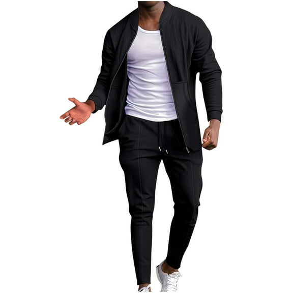 Ahabrexf Long Coat Men, Fashion Leisure Solid Color Pocket Zipper Long Sleeved Trousers Suit