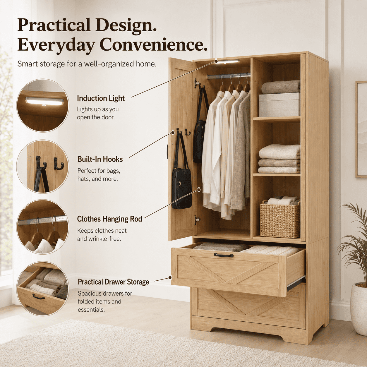 Aukfa 2-Door Wardrobe Armoire with Mirror & Built-In Induction Light, Bedroom Wood Closet with Hanging Rod & 2 Drawers,Natural