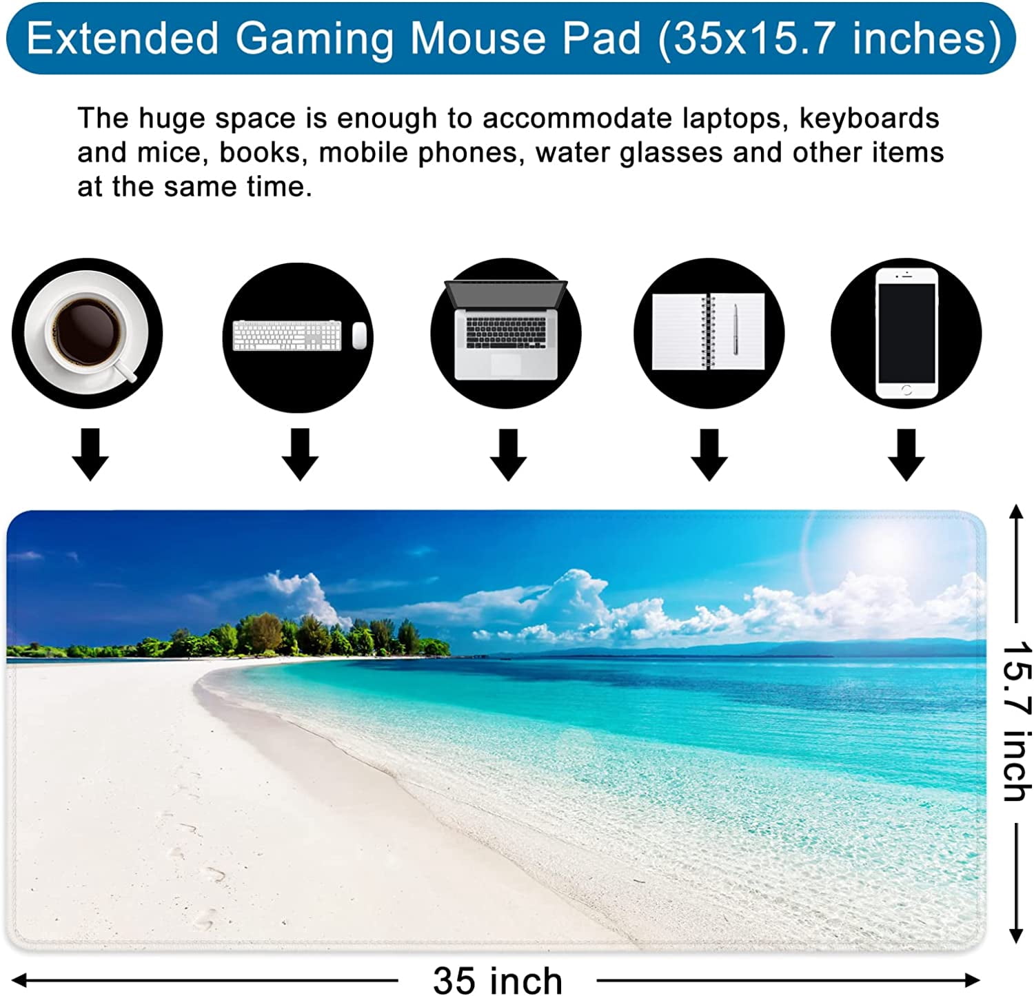 Beach Mouse Pad Ocean Theme Large Gaming Mouse Pad XXL 35x15.7x0.12 inch Large Rubber Mouse Pad for Desk with Personalized Design for Laptop, Computer PC (Beach -1)