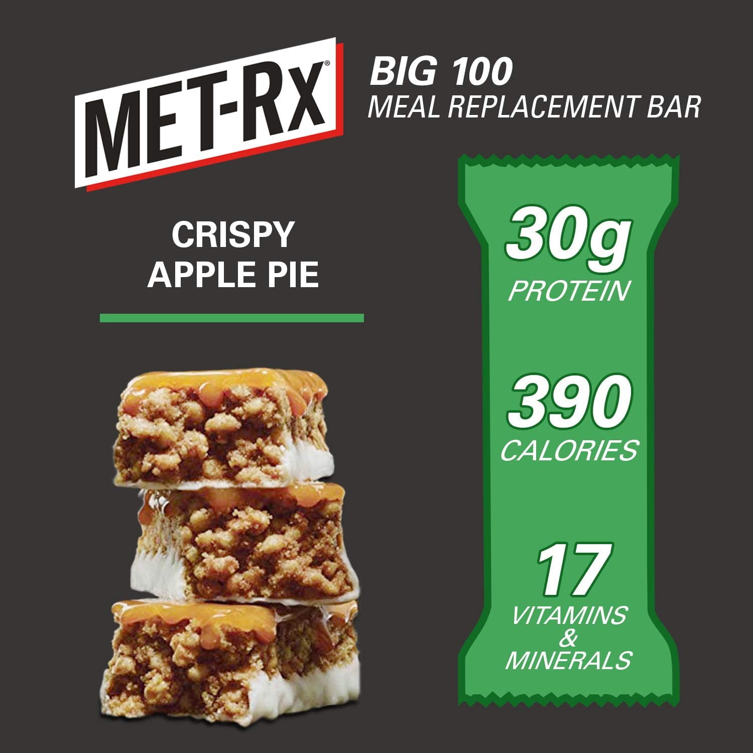 MET-Rx Big 100 Protein Bar, Crisp Apple Pie, 31g Protein, 9 Ct