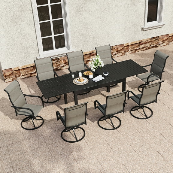 Boyel Living 9 Piece Outdoor Patio Dining Set, Outdoor Textilene Dining Chairs with Extendable Dining Table Metal Furniture Set for 8-Person, Black&Gray-Brown