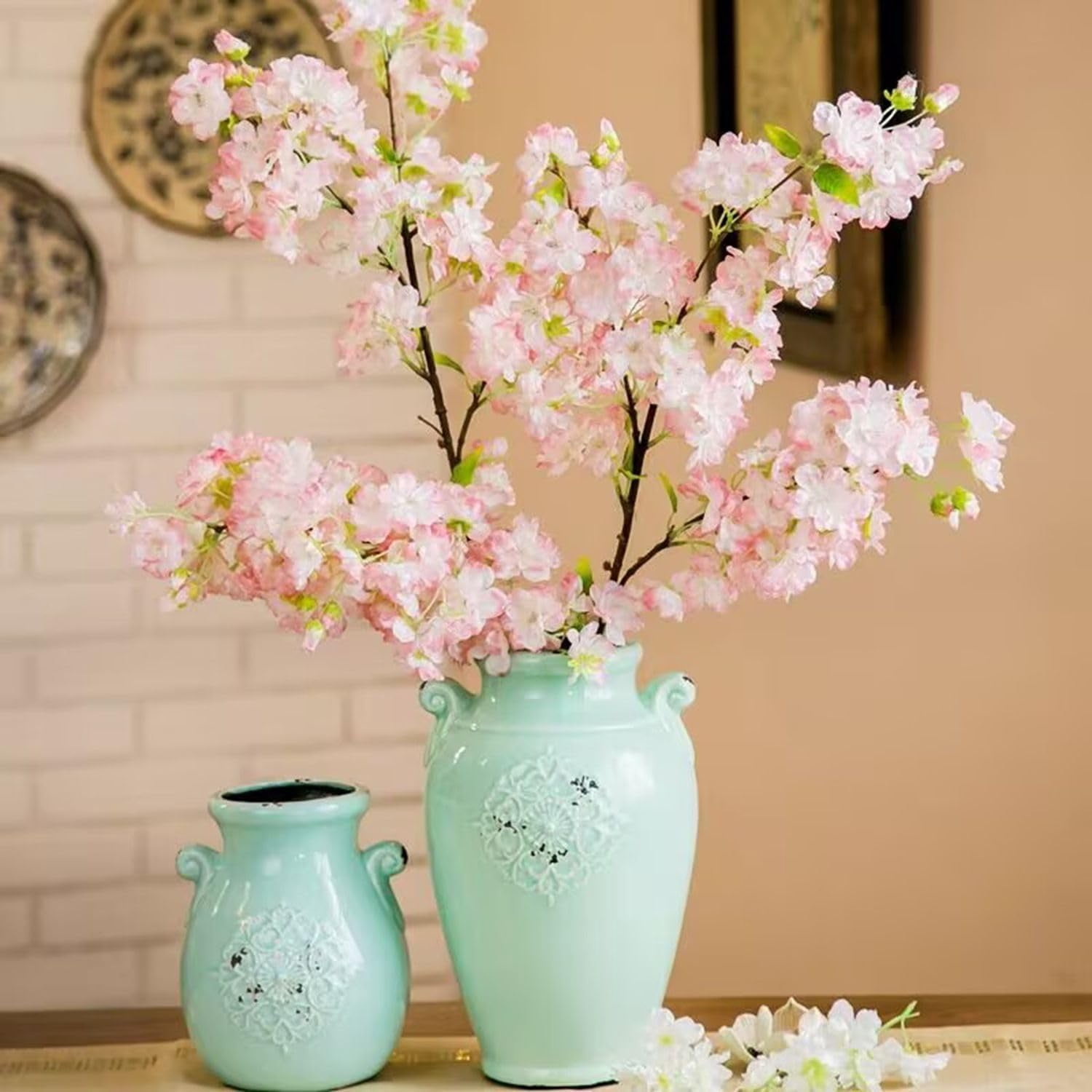 RHN Artificial Faux Cherry Blossom Branches Decor,37.5 in Fake Cherry Blossom Flowers Long Stems Realistic for Home Vase Arrangements Table Centerpiece Wedding Spring Decor(3 Pcs,Light Pink)
