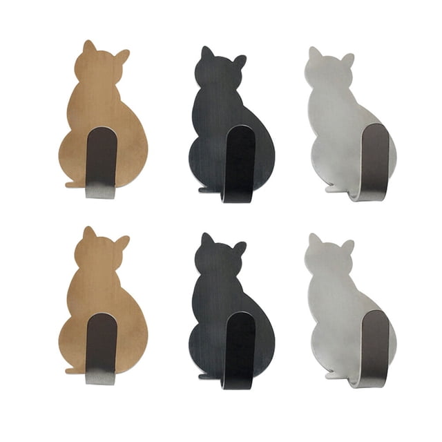6 ganchos de pared adhesivos con diseño de gato para baño, de acero inoxidable, para colgar en la pared, para el hogar y la cocina, tamaño M, 2 unidades, color plateado, dorado y gris.