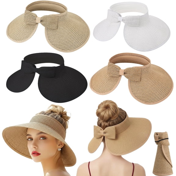 Bocaoying 4 Pack Foldable Sun Hat for Women, Wide Brim UPF Straw Hat with Ponytail Hole & Bow, Packable Floppy Beach Hat for Summer Travel Beach Pool