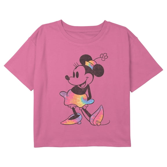 Girl's Mickey & Friends Retro Minnie Rainbow Tie-Dye Graphic Cropped T-Shirt Light Pink Large