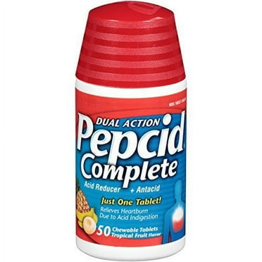 Pepcid Complete Dual Action Acid Reducer Antacid Relieves Heartburn Tropical Fruit 50 ct