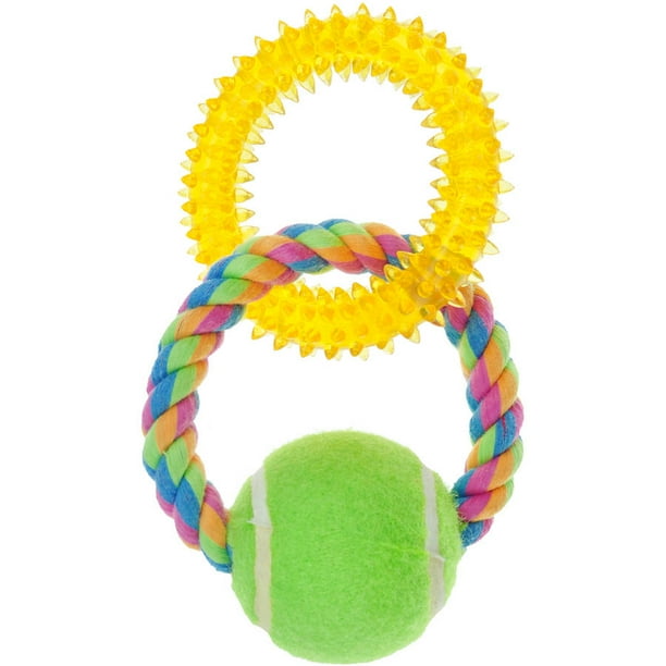 Pugslies Double Ring Tennis Ball Interactive Dog Tug Toy