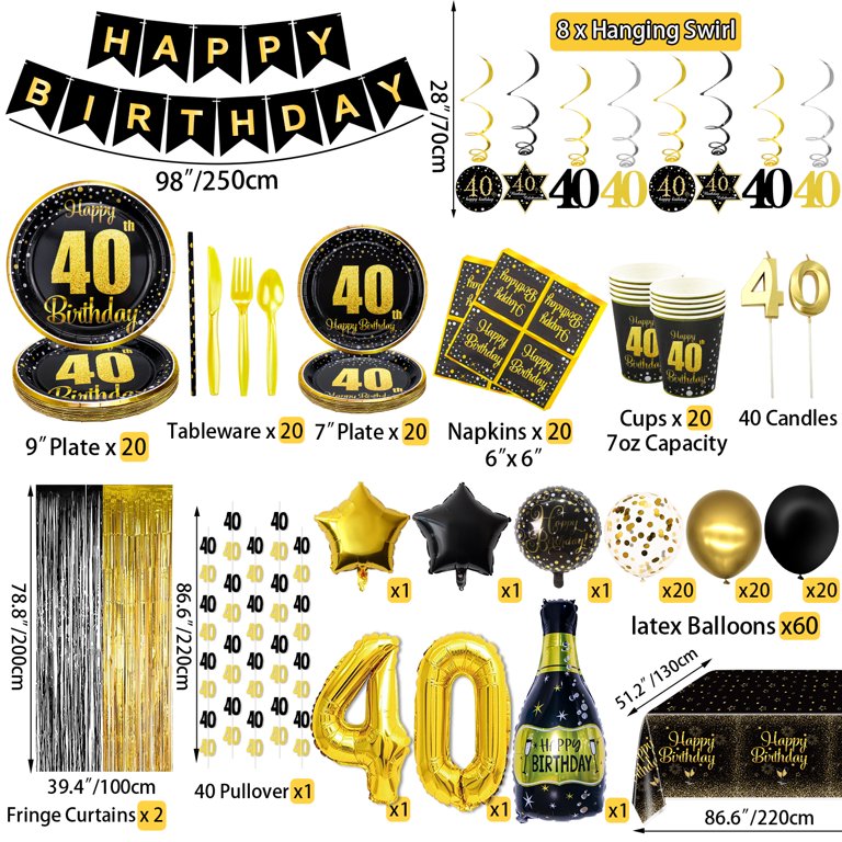 PIXHOTUL 40th Birthday Decorations - 250 Pcs Black and Gold Party