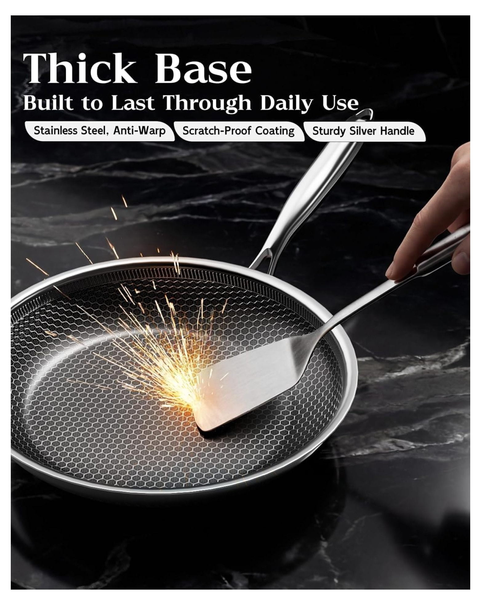 Honeycomb Stainless Steel Nonstick Frying Pan, Induction Cooktop Compatible Skillet, -Free Scratch-Proof, Dishwasher & Oven Safe, Stay-Cool Handle, Silver Kitchen Cookware