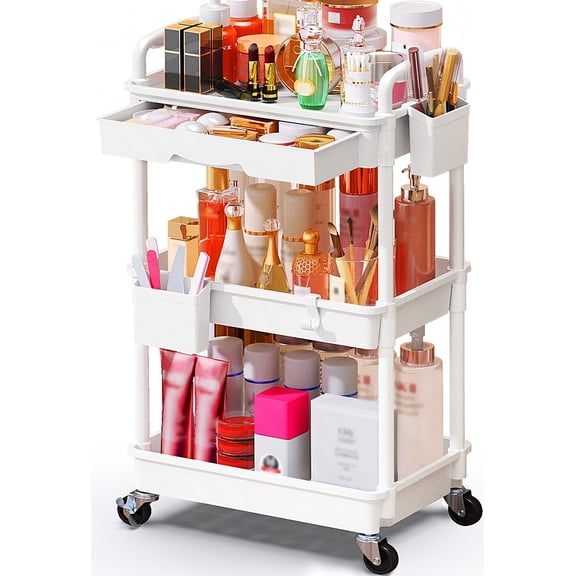 Makeup Cart Organizer with Drawers, Floor Skincare Organizers Vanity Storage Organizer, Rolling Makeup Bathroom Storage Cart Cosmetics Display Cases for Skin Care Perfume Nail Polish, White