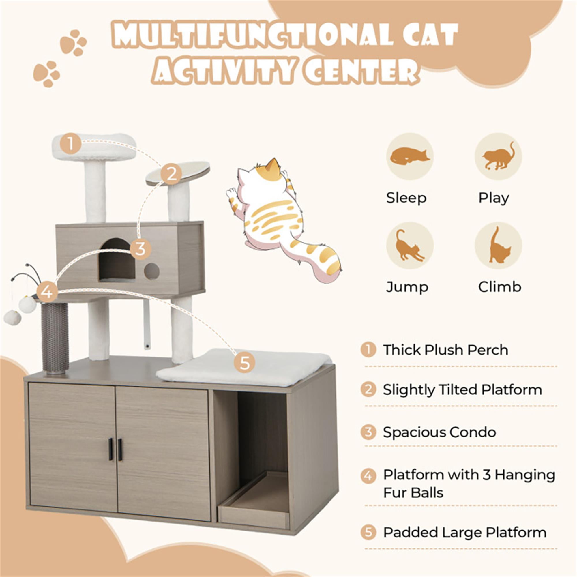 Kadyn 52" Cat Tree Tower with Litter Box Enclosure, 2-in-1 Modern Cat Tower, Cat Condo with Scratching Posts and Board, Gray
