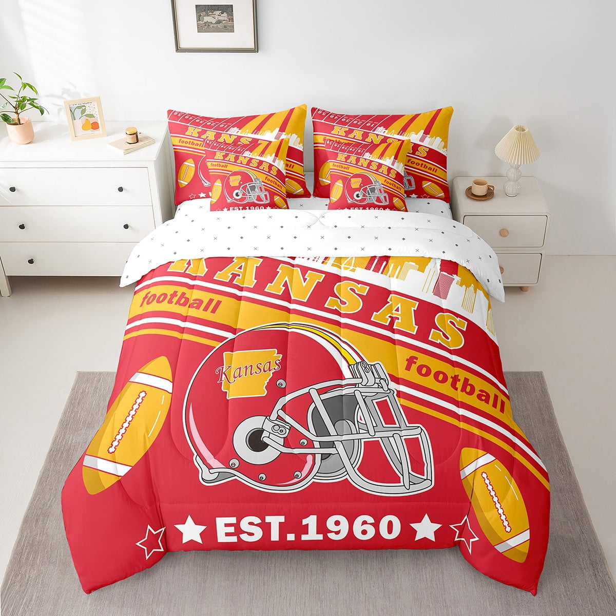 Eosebridal Football 7 Pieces Comforter Sets Full Size Kansas Bedding Set for All Season Gifts for Football Fans Football City Bed in a Bag with Comforter,Sheets