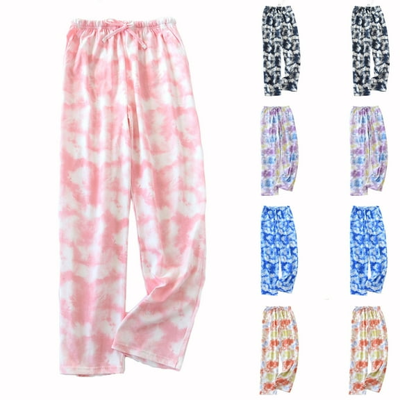 Frostluinai Tie Dye Pants for Women Drawstring Elastic Waist Lounge Pants Baggy Straight Wide Leg Pants Soft Cotton Long Pants
