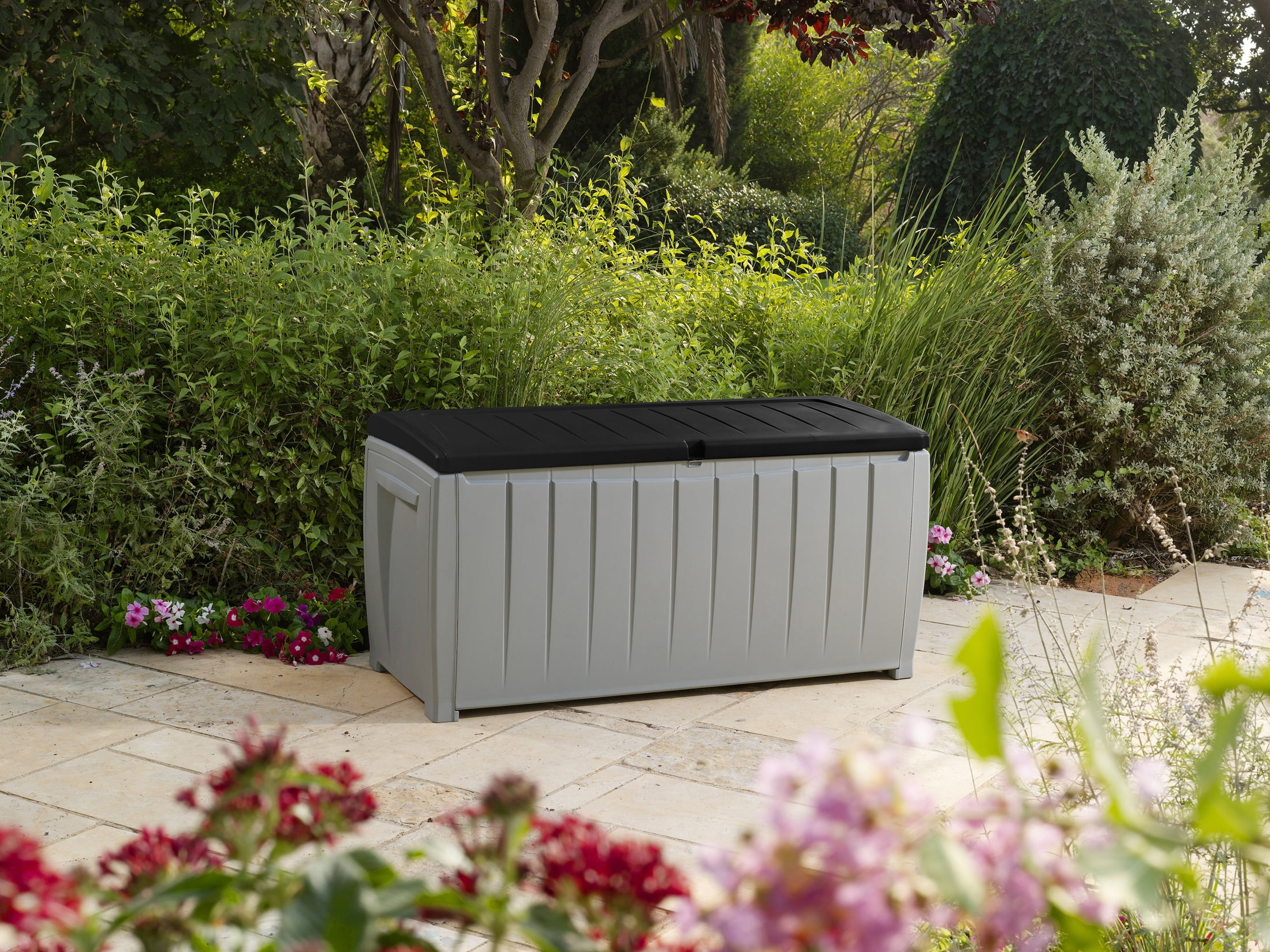 Keter Novel 90 Gallon Durable Weatherproof Resin Deck Box Organization and Storage for Outdoor Patio and Lawn, Black and Gray