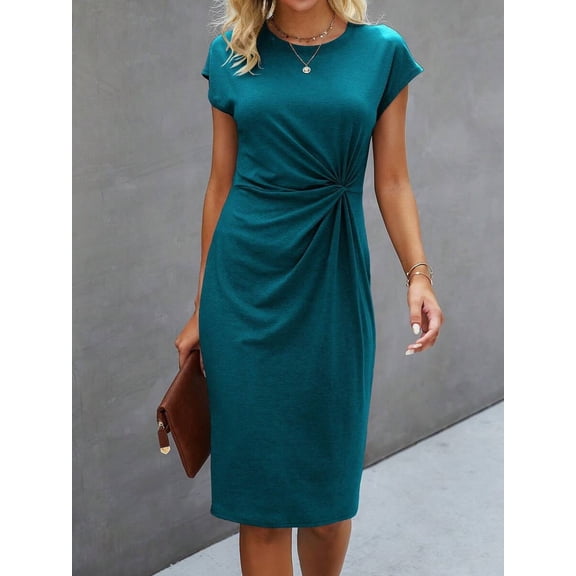 Teal Blue Twist Front Short Sleeve Midi Dress