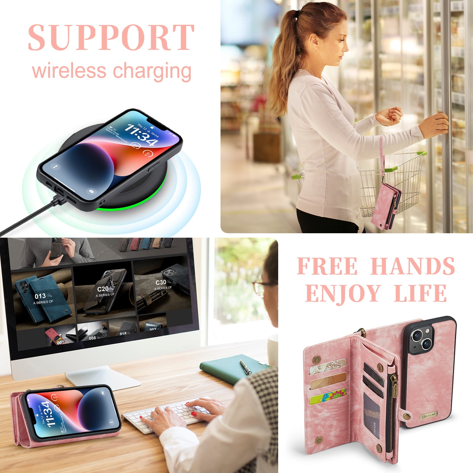 Samsung Galaxy A53 5G Wallet Case for Women Men, Dteck Heavy Duty PU Leather Flip Case Detachable Phone Cover with 8 Card Slots Zipper Purse with Wrist Strap for Samsung Galaxy A53 5G,Pink