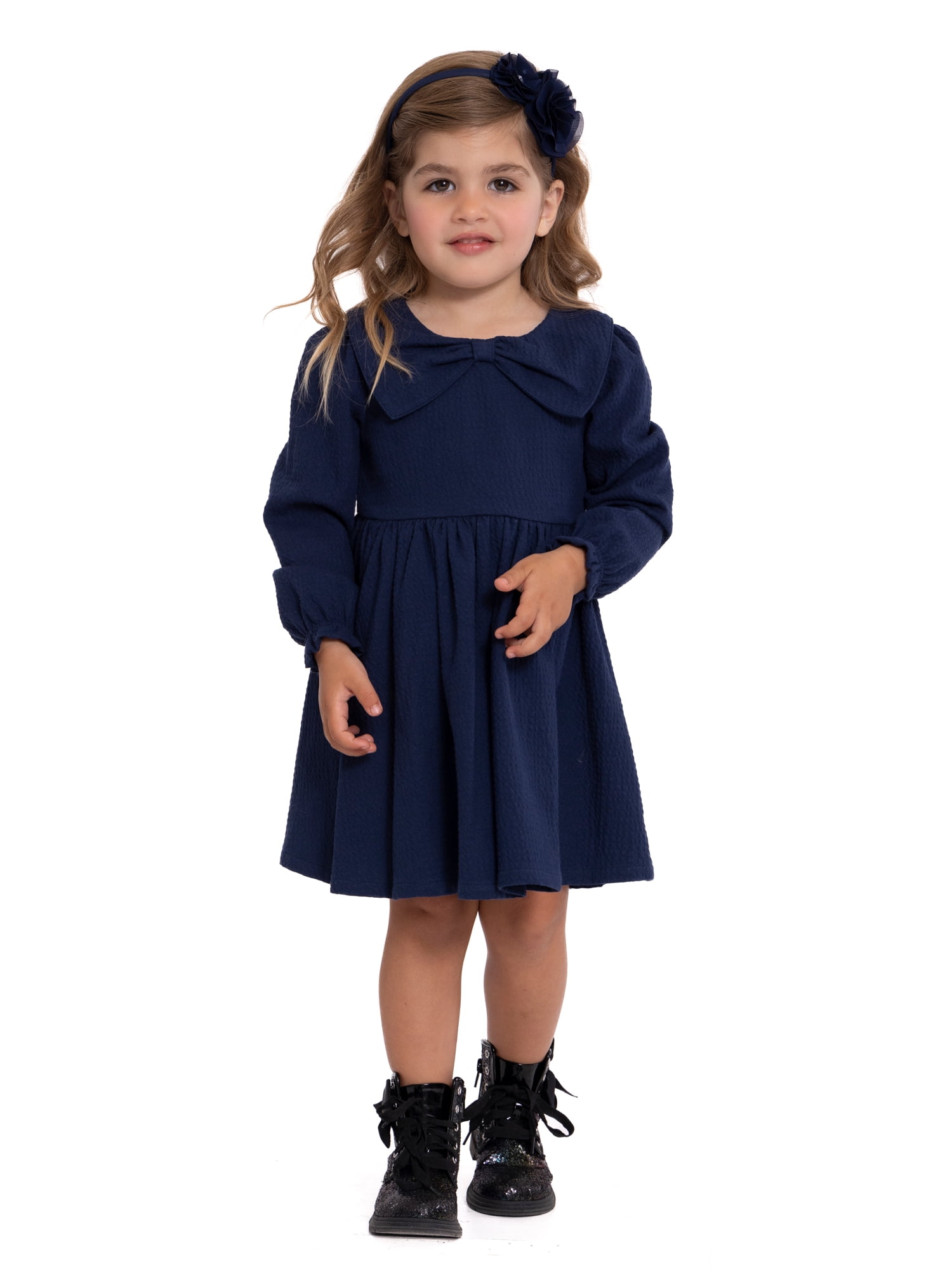 Wonder Nation Toddler Girls Puckered Bow Dress with Long Sleeves, Sizes 12M-5T