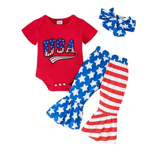 Newborn Fourth Red of July Outfit Bell Bottom Pants with Headband, 3 Piece Set, Size 3-6 Months