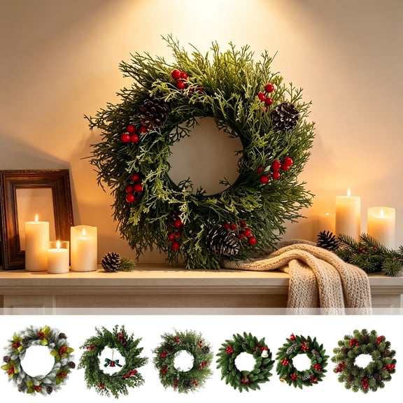 AYktou Christmas Wreaths for Front Door, 11.8 Inch Artificial Spruce Cedar Greenery Wreath with Berries Pinecones Bells, Farmhouse Holiday Winter Wreath Indoor Outdoor Xmas Home Office Wall Decor