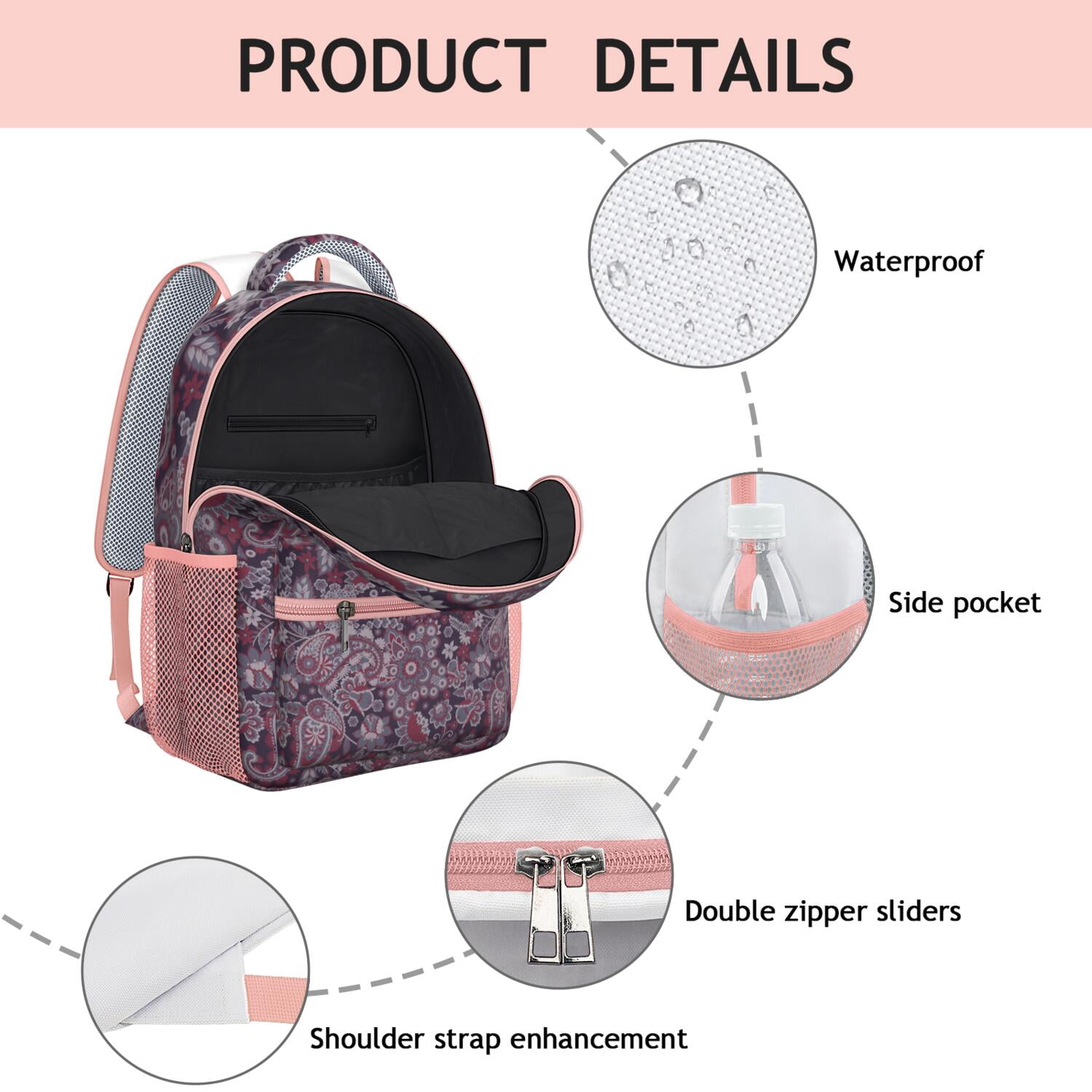 Artistic Waterproof School Backpack - Vintage Paisley Floral Print & Breathable Mesh Straps for Teens