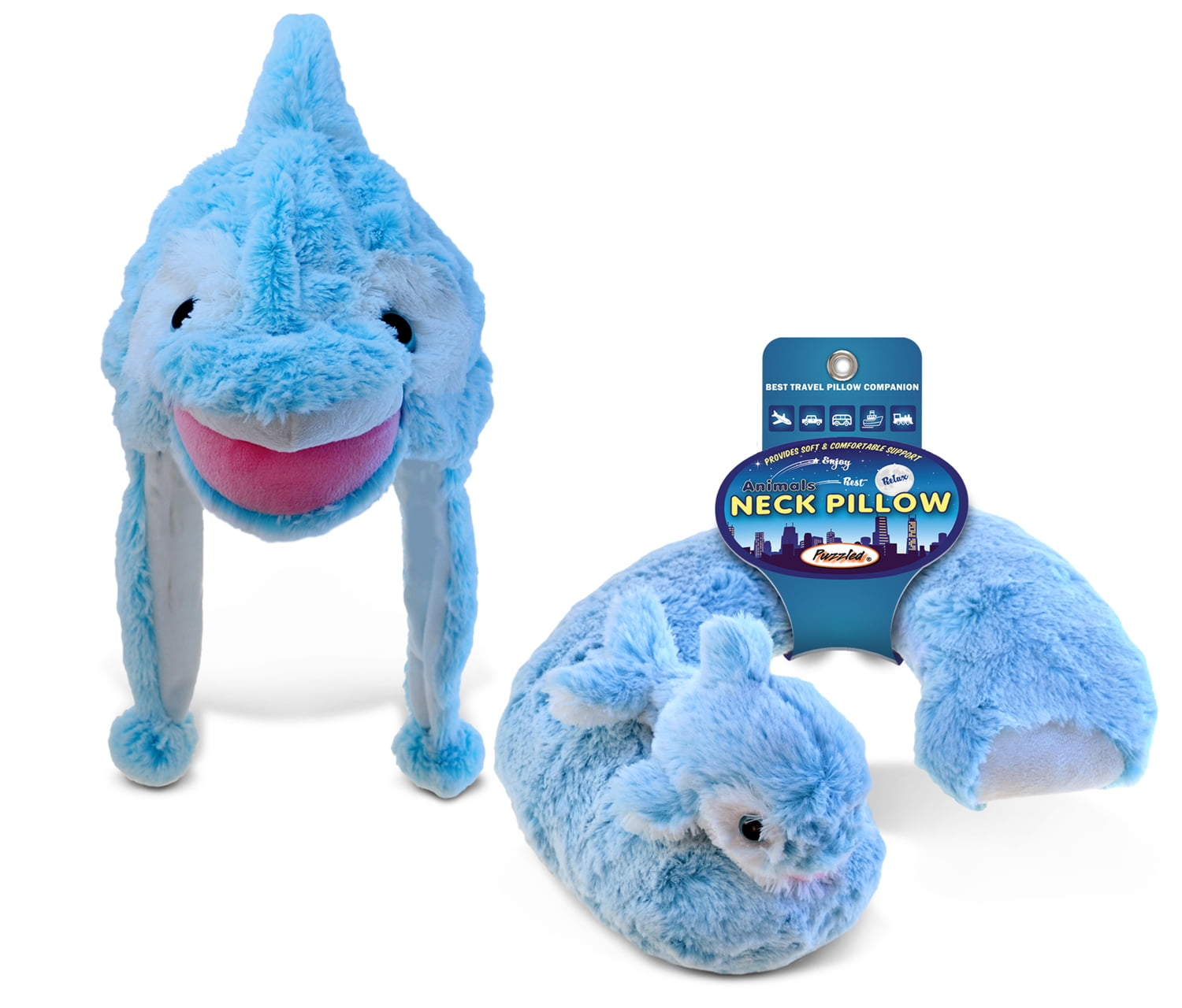 Puzzled Dolphin Collection - Super Soft Plush Hat and Neck Pillow, Set of 2