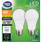 Great Value LED Light Bulbs 7W (40W Equivalent) Dimmable, Soft White, 2-Pack