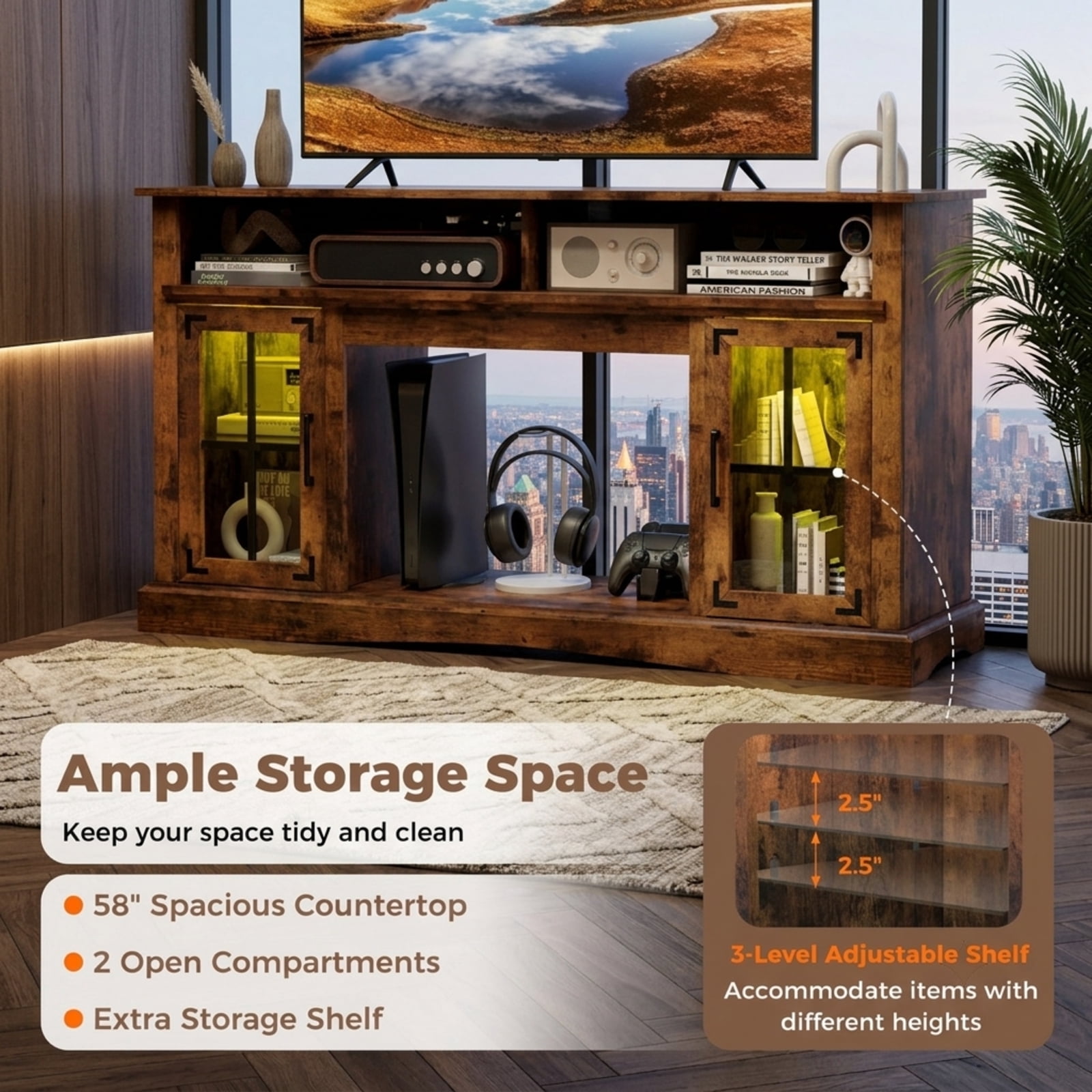 Furnibear 58 Inch TV Stand Entertainment Center with LED Lights and Remote Control Adjustable Shelf and Storage for Living Room, Rustic Brown