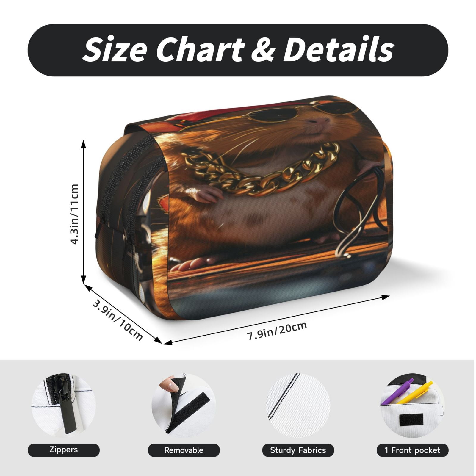 Rateoe Hip-Hop Guinea Pig. Pattern Double Clamshell Pen Case, Storage Organizer with Two Zipper Compartments– Holds Up to 50 Pencils & Pens