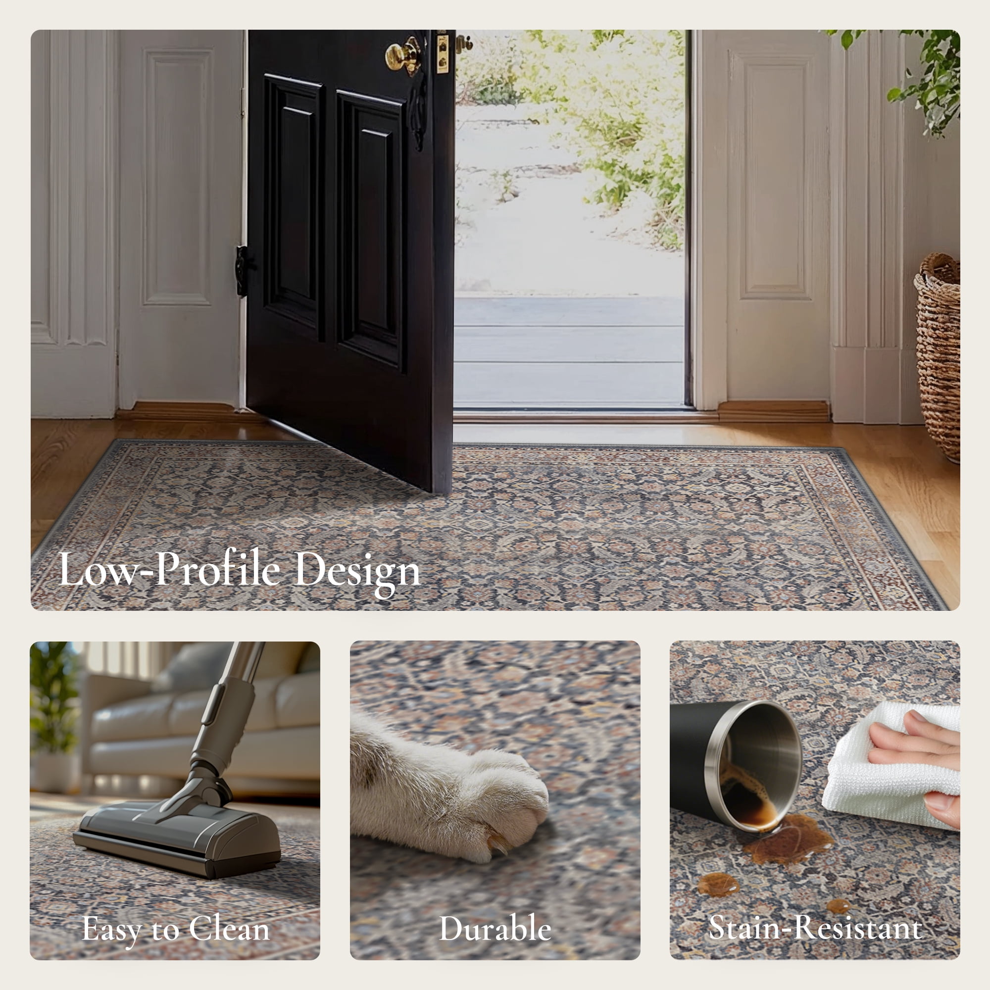 KUETH Modern 8x10 Area Rugs for Living Room, Non Slip Machine Washable Retro Rugs, Low Pile Chenille Print Rug for Bedroom, Dining Room, Home Office
