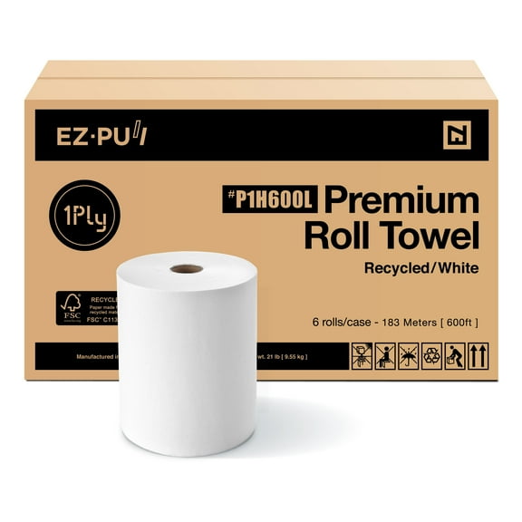 EZbrnd Premium Recycled 1ply Hardwound Hand Towel Roll, FSC certified, 600 ft x 6 rolls, Universal 8" x 1.5" core, P1H600L