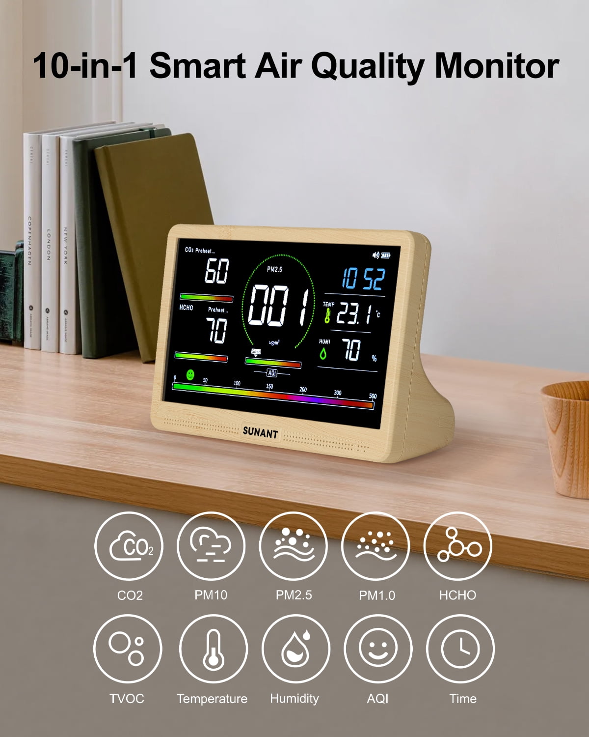 16 in 1 Air Quality Monitor Indoor Detects, CO2 Tester for CO2, TVOC, PM2.5, PM1.0, PM10, HCHO, Temperature Humidity AQI & Time, 2500mAh Battery Powered, LED Display, Auto Alert for Car, Office, Home