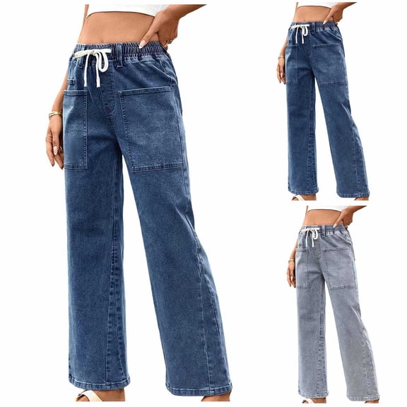 Miluxas Women's Pull On Straight Leg Casual Drawstring Jeans Loose Fit High Waisted Denim Pants with Pockets Perfecf for Daily Wear Light Blue