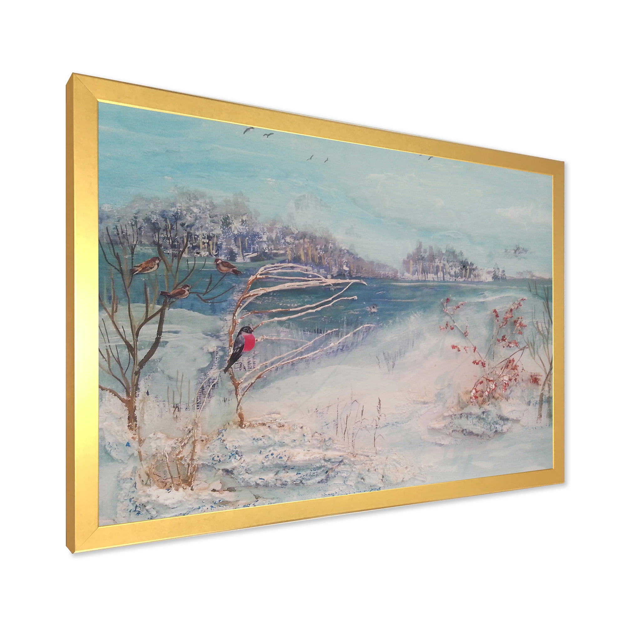 Designart 'Birds and Winter Trees By River' Lake House Framed Art Print