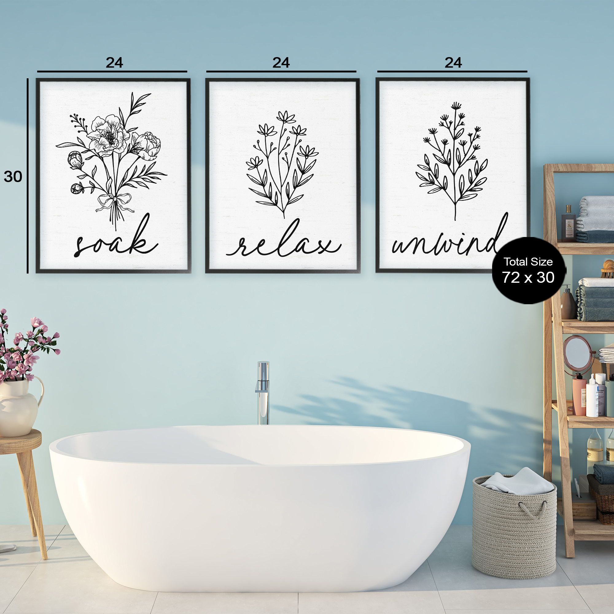 Bathroom Herbs for Relaxation 3 Piece Black Framed Giclee Art Set, design by Lettered and Lined