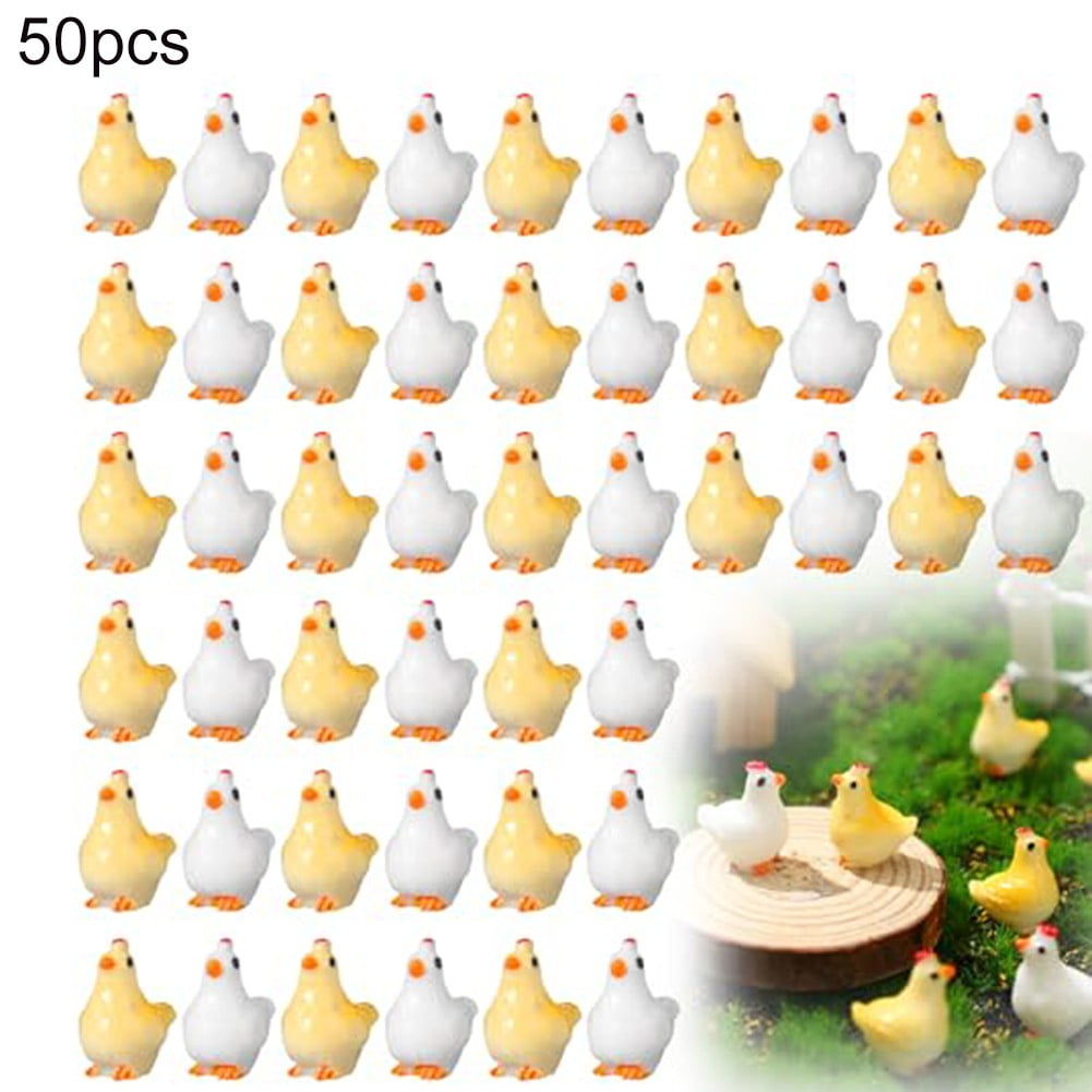 Mini Chicken Figurines, 50 Pcs Resin Farm Animals, Garden Moss Landscape Decor, Miniature Craft Supplies, White and Yellow, 0.63 x 0.51 x 0.39 inch