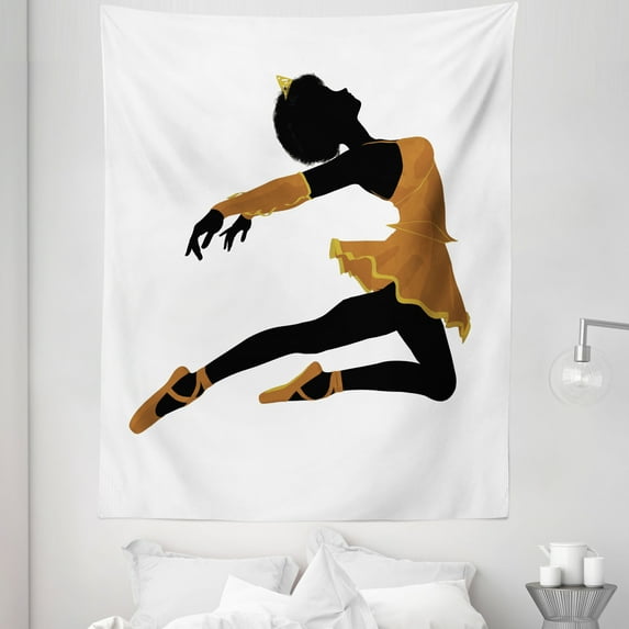 Ballet Tapestry, Posing Ballerina Girl Silhouette with Tutu Pointe Shoes and Tiara Outfit, Fabric Wall Hanging Decor for Bedroom Living Room Dorm, 5 Sizes, Pale Coffee and Black, by Ambesonne