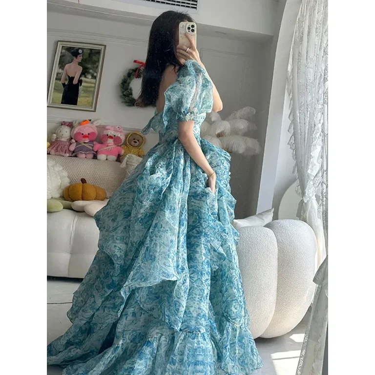 Floral Print Evening Party Dress Women 2024 Puff Sleeve Elegant  