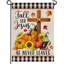 Fall for Jesus Cross Religious Pumpkin Home Decorative Garden Flag, Autumn Yard Lawn Sunflower Outside Decor, Buffalo Plaid Check Farmhouse Outdoor Small Burlap Decoration Double Sided 12.5 x 18