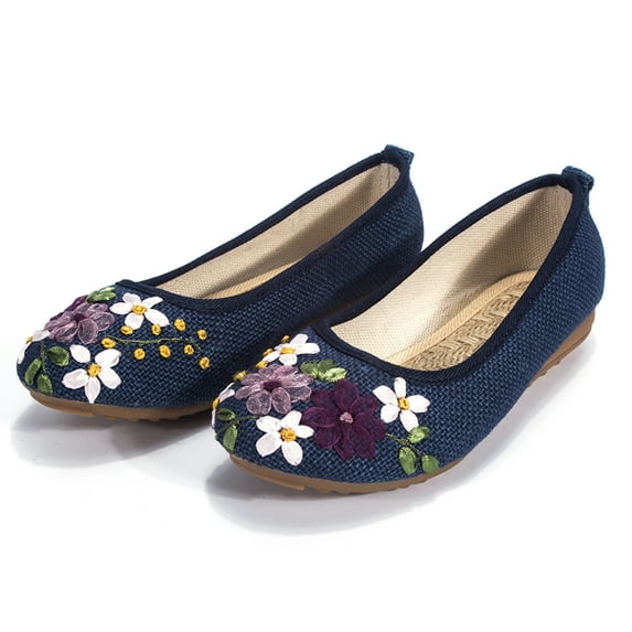 Women's Casual Non-Slip Flat Walking Shoes Flower Embroidery Soft Comfortable Ballets Round Toe Ballet Flat