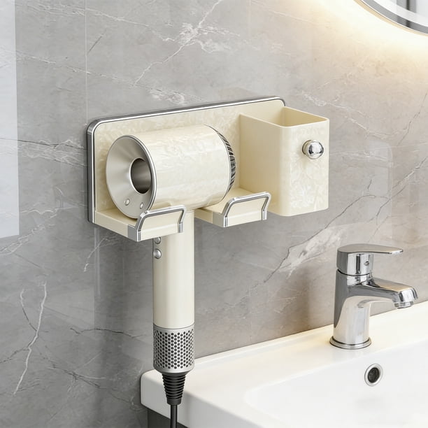 Soporte de Pared para Secador de Pelo de Baño, Multifuncional, Grueso, Sin Taladro, Ahorra Espacio y Cuenta con Cubo de Almacenamiento.