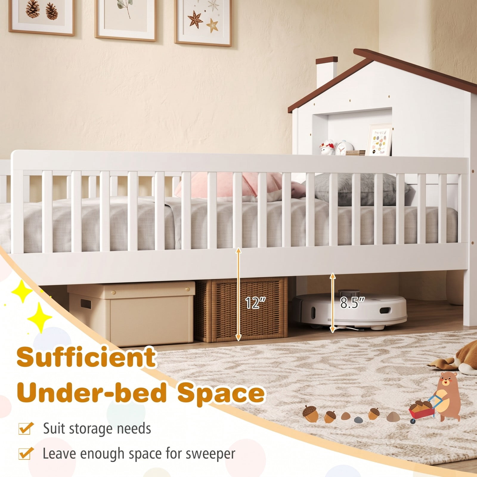 Furnibear Full Size Bed Frame Montessori Floor Bed with House Headboard and Storage Shelf and Guardrails for Kids Room, White