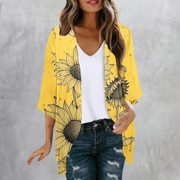 Hvyesh Plus Size 3/4 Sleeve Cardigan for Women Lightweight Open Front Kimono Cozy Swimsuit Cover Up